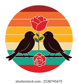 Valentines Day two love birds with a rose silhouette
