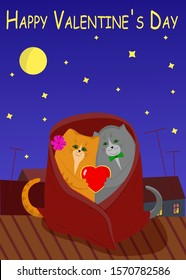 Valentine's day. Two loving cats on the roof stock vector illustration. Flat illustration. The moon and the stars. A cat gives a cat a Valentine.  