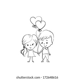 Valentine's Day, two people in love holding hands, boy and girl with balloon.