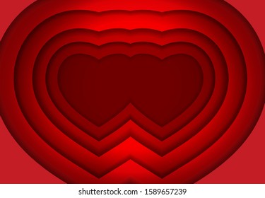 Valentine's Day. Two red hearts are cut out of paper with smooth transitions and a shadow.  abstract art of carving. Vector illustration