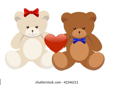 Valentine's Day two Teddy Bears holding a heart. Vector illustration.
