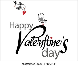 Valentine's Day type text with two birds and hearts