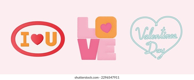 Valentines day typographic elements set. Colorful text of I heart You, love and neon style valentines day icons isolated on light pink background