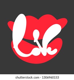 Valentines Day Typographic postcard. Square format. Lettering word Love and red open lips. Vector Illustration of a Valentine s Day. Image on dark Background.