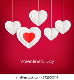 Valentines day typographical background with hanging paper hearts .This vector illustration can be used as greeting card or wedding invitation for your design.