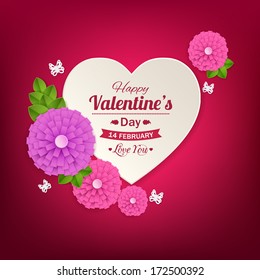 Valentines day typographical background with paper heart and flowers