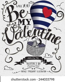 Valentine's Day Typography Art Poster -Hand drawn stick-figures couple riding in hot air balloon with stitched up heart, banner, swirls and curly handwritten type, black and white