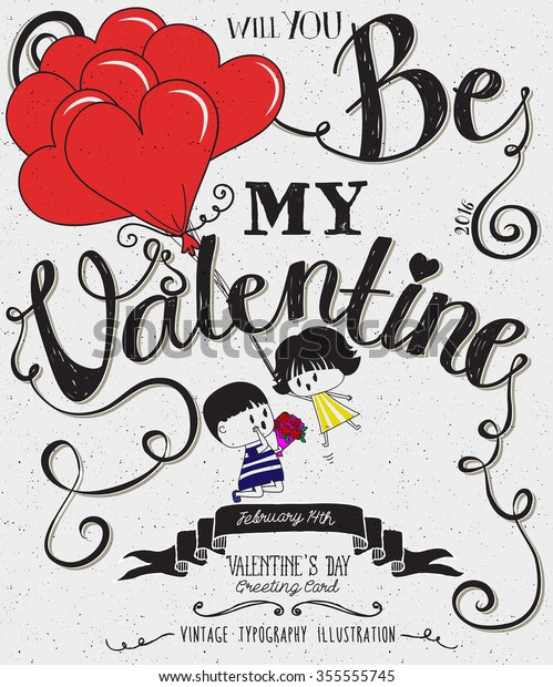 Valentine\'s Day Typography\
Art Poster -Hand drawn cartoon couple with heart shaped balloons,\
banner, swirls and curly handwritten type, black and white vector\
illustration