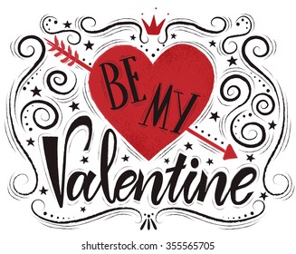 Valentines day typography illustrations. Postcard with heart silhouette and text "Be my Valentine". Valentine's Day flier template