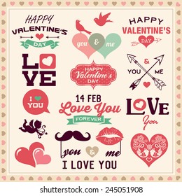 Valentine's day typography, labels and icons elements collection