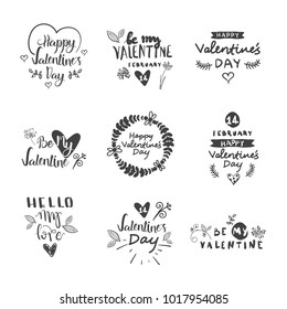 Valentines Day Typography Lettering Logo Set. Design Emblems, Quote Text With Hearts For Decorative Banners, Greeting Cards Vector Illustration