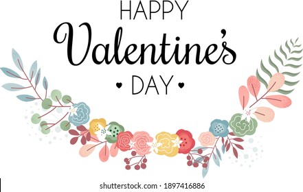 Valentines Day typography poster with hand-drawn Illustration. Illustration of flower in simple flat style. Deign for gift tags, greeting cards, t-shirt, and banners.