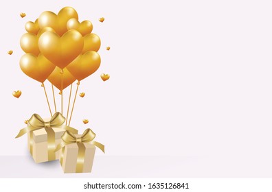 Valentines day typography poster with handwritten calligraphy text with gift and heart gold Hang on white background. Greeting card, invitation, posters, banners. vector illustration in style 