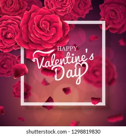 Valentines day typography poster with realistic roses. Valentines day celebration vector background.