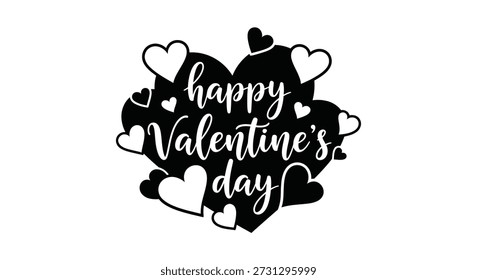Valentine's day typography surrounded by hearts, presented in a bold, black silhouette style.