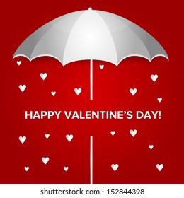 Valentines Day Umbrella and Heart Rain on Red Background