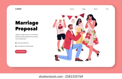 Valentine's Day union. A heartfelt marriage proposal captures the joy of love surrounded by friends and celebration. The emotional moment highlights commitment and happiness in a festive atmosphere