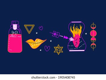 Valentine`s day unique collection. Love potions and withcraft set. Magic spell, human heart in fire, geometric infinity shapes and astrological signs.Unusual date or party for single people.Line art.