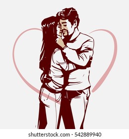 for Valentines Day, vacation couple kissing, together,  in love, young couple, heart, sketch style, vector illustration