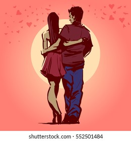 For Valentines Day, Vacation Couple Walking Together In Love, Young Couple, Heart, Sketch Style, Vector Illustration