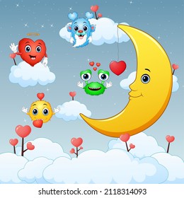 Valentine's day with valentine love monster and moon in sky