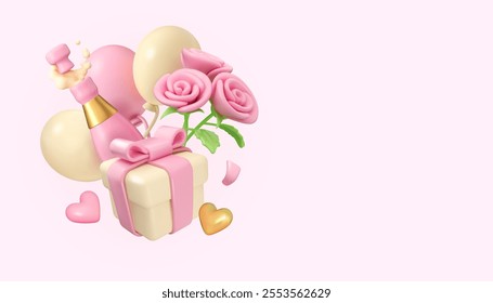 Valentines Day vector 3d cartoon banner template. Cute plastic gift box, champagne bottle, balloons and rose bouquet. Pink pastel Mothers Day design