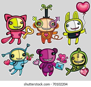 Valentine's day vector animals.kitty with key to your heart, monkey with gender signs, rabbit with pink balloon, doll with gift, teddy bear with heart shaped lollipop, love letter, fish, with diamond