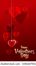 Valentine's day vector background with abstract heart. Jewelry pendant. Golden text on red background