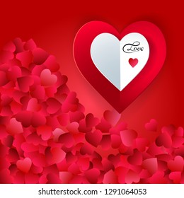Valentine's day vector background with cut paper hearts and lettering Love. Beautiful festive backdrop.