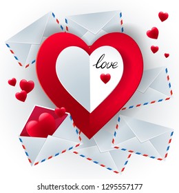 Valentines day vector background with cut paper hearts, envelope and lettering Love. Beautiful festive backdrop. 14 february message.