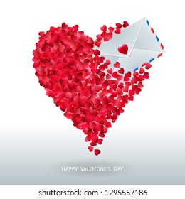 Valentines day vector background with cut paper hearts, envelope and lettering Love. Beautiful festive backdrop. 14 february message.