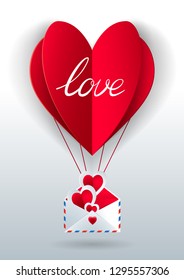 Valentines day vector background with cut paper hearts, origami made hot air balloon, envelope and lettering Love. 14 february. Message