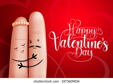 Valentine's day vector background design. Happy valentine's day greeting text with in love finger couple lovers  hugging for valentines day dating design. Vector illustration 