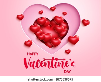 Valentine's day vector background design. Happy valentine's day typography text with 3d hearts in heart paper cut shape element for sweet valentine celebration card design. Vector illustration
