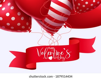 Diseño de fondo vectorial del día de San Valentín. Feliz texto del día de San Valentín en cinta roja con espacio vacío y elementos de globos flotantes de corazón para el diseño romántico de la celebración del día de San Valentín.