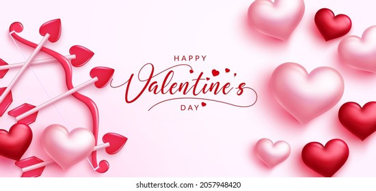 Valentine's day vector background design. Happy valentine's day typography text with cupid's bow and arrow in pink space and hearts element for valentine celebration greeting. Vector illustration.
 svg