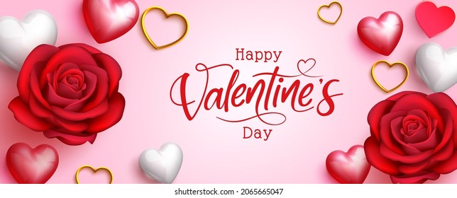 Valentines day vector background design. Happy valentine's day typography text in pink space with red roses and gold metal hearts elements for valentine greeting banner. Vector illustration.
