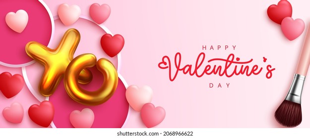 Valentine's day vector background design. Happy valentines day text in girly pink decoration with hearts and make up brush element for cute love celebration. Vector illustration.

