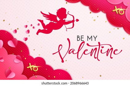 Valentines day vector background design. Be my valentine text in art copy space with cupid and clouds paper cut decoration for hearts day invitation. Vector illustration.
