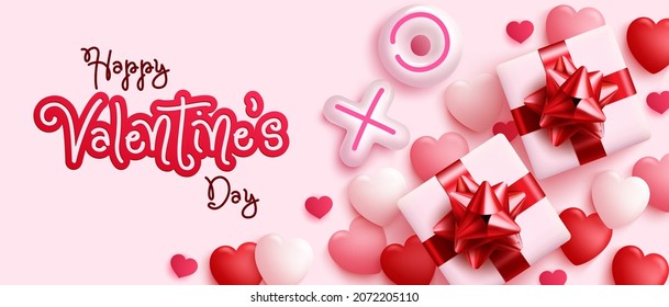 Valentines day vector background design. Happy valentine's day greeting text with gift present, cute hearts and balloon romantic elements for valentine messages. Vector illustration.
