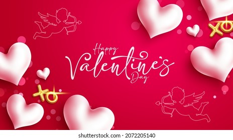 Valentines day vector background design. Happy valentine's day typography text in red background with hearts and cupid line art decoration for love celebration greeting. Vector illustration.
