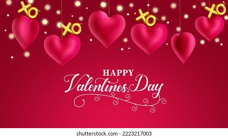 Valentine's day vector background design. Happy valentine's day text with hanging hearts and bokeh lights decoration for valentine greeting. Vector illustration.
