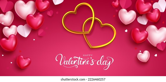 Valentine's day vector background design. Happy valentine's greeting text with hearts shape in metallic gold and paper cut decoration for valentine messages. Vector illustration.
