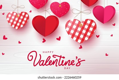 Valentine's day vector background design. Happy valentine's day text with paper cut hearts hanging in white wood background for valentine greeting. Vector illustration.
