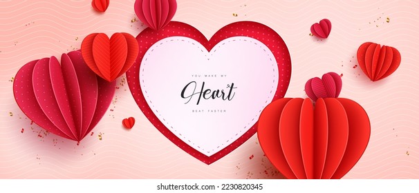 Valentine's day vector background design. Heart text in empty space with floating paper cut hearts elements for valentine's greeting card. Vector Illustration.
