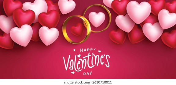 Valentine's day vector background design. Happy valentine's day text with gold couple rings and floating hearts for romantic celebration gift and messages. Vector illustration.
