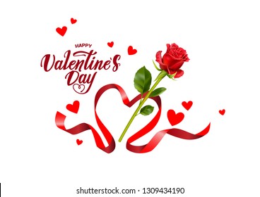 Valentines day vector background. Happy valentines day greeting card with rose, hearts shape elements and ribbon. Vector illustration.