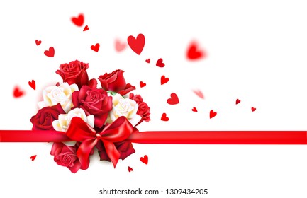 Valentines day vector background. Happy valentines day greeting card with roses, hearts shape elements and ribbon. Vector illustration.