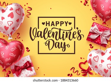 Valentines day vector background. Happy valentines day greeting text with colorful balloon heart patterns, gifts and confetti elements in yellow background. Vector Illustration.