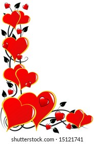 A valentines day vector background illustration with a series of red hearts on a vine with room for text, isolated on white